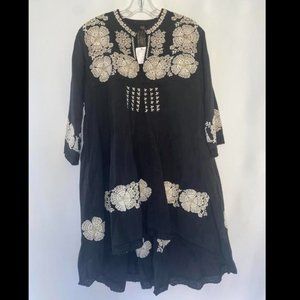 Free People Black Dress with White & Cream Embroidery
